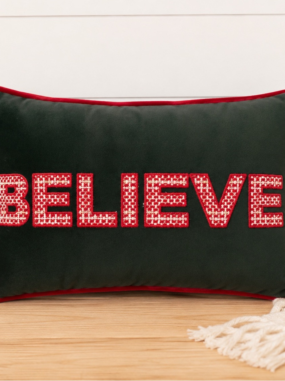 Source Unknown Green Holiday Pillow with Red 'BELIEVE' Embroidery